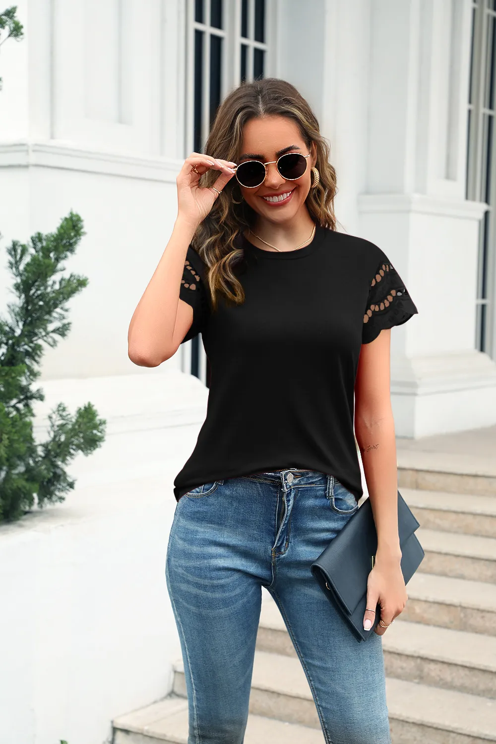 Fashion Round Neck Stitching Lace Decorative T-shirt Women's Summer New Cotton Blend Short Sleeve Street Style Senior Street Style display picture 19