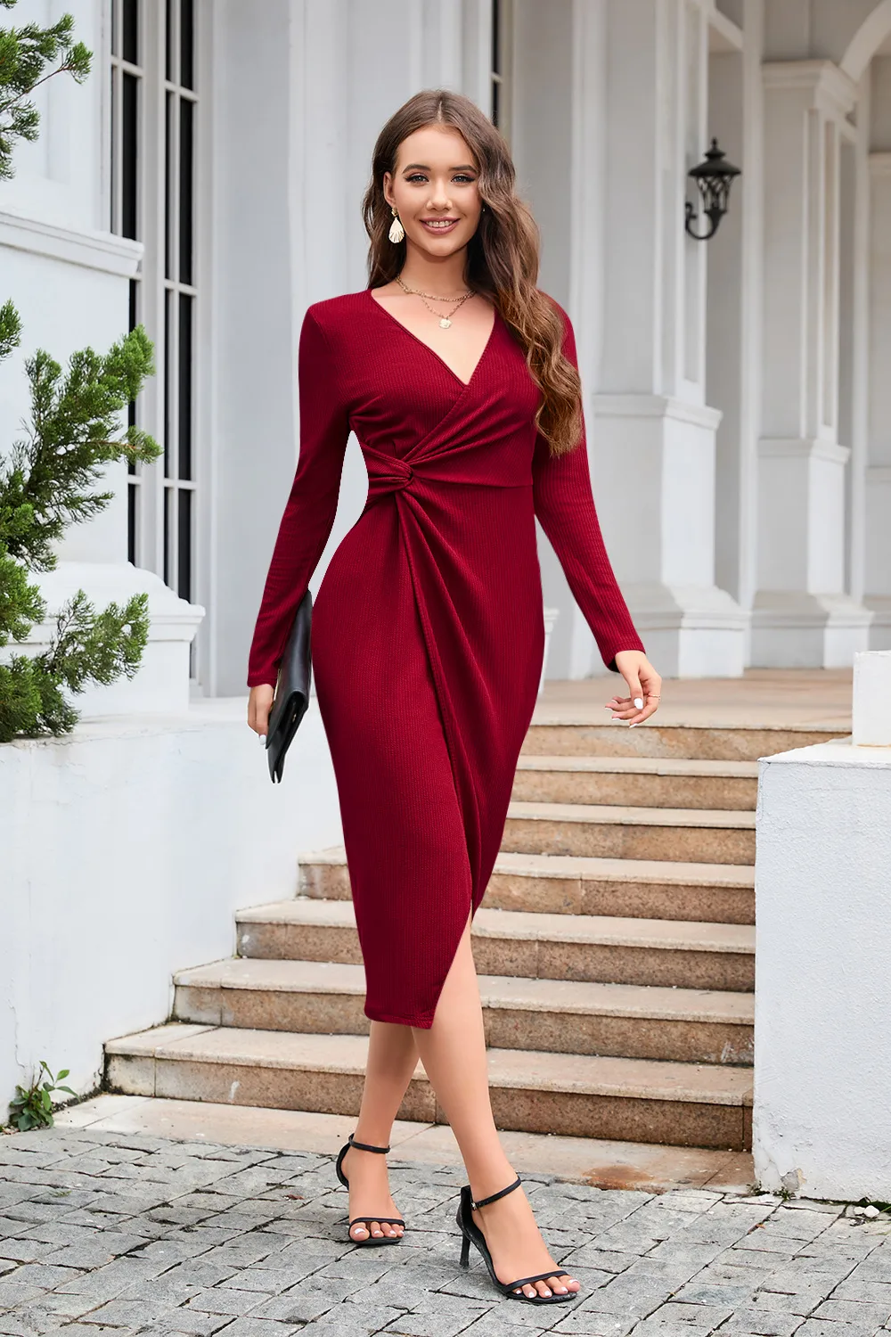 Slim Fit V-neck Long-Sleeve Dress Solid Color Waist Tight Split New Fall Winter Fashion High Street Style Mid-Length Dress display picture 2