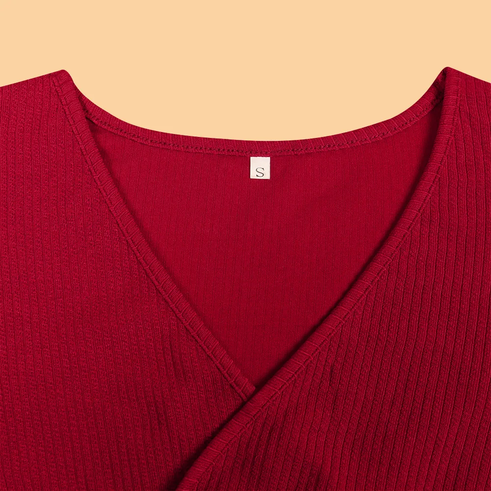 Slim Fit V-neck Long-Sleeve Dress Solid Color Waist Tight Split New Fall Winter Fashion High Street Style Mid-Length Dress display picture 7