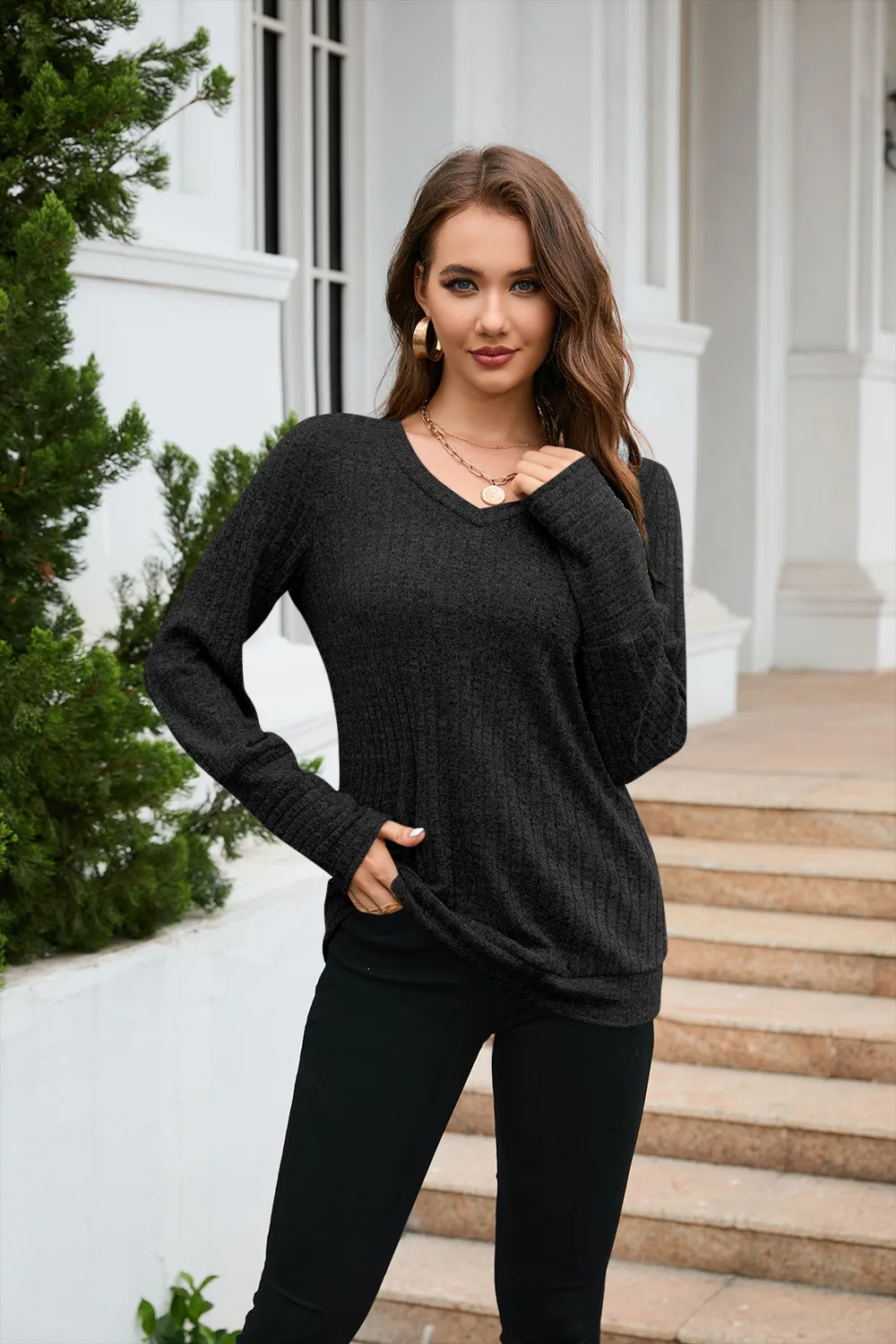 Women's Clothes Long Sleeve T-shirt Brushed V-neck Solid Color Fashion Top Cotton Polyester Fabric Regular Sleeve Fresh Sweet Style display picture 4