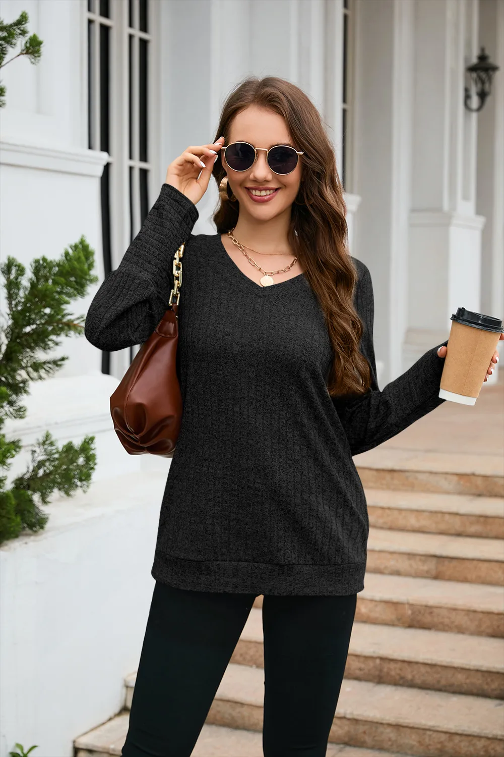 Women's Clothes Long Sleeve T-shirt Brushed V-neck Solid Color Fashion Top Cotton Polyester Fabric Regular Sleeve Fresh Sweet Style display picture 7