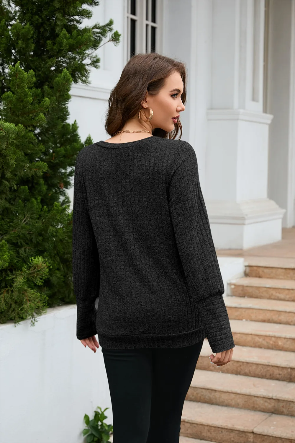 Women's Clothes Long Sleeve T-shirt Brushed V-neck Solid Color Fashion Top Cotton Polyester Fabric Regular Sleeve Fresh Sweet Style display picture 8