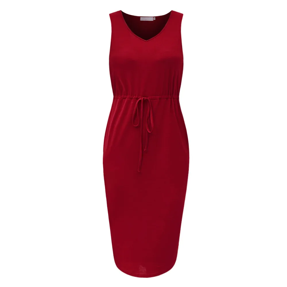 Casual V-neck Sleeveless High Waist Dress Side Slit Drawstring Mid-Length Dress Dress Comfortable Polyester Fabric Knee Length display picture 27