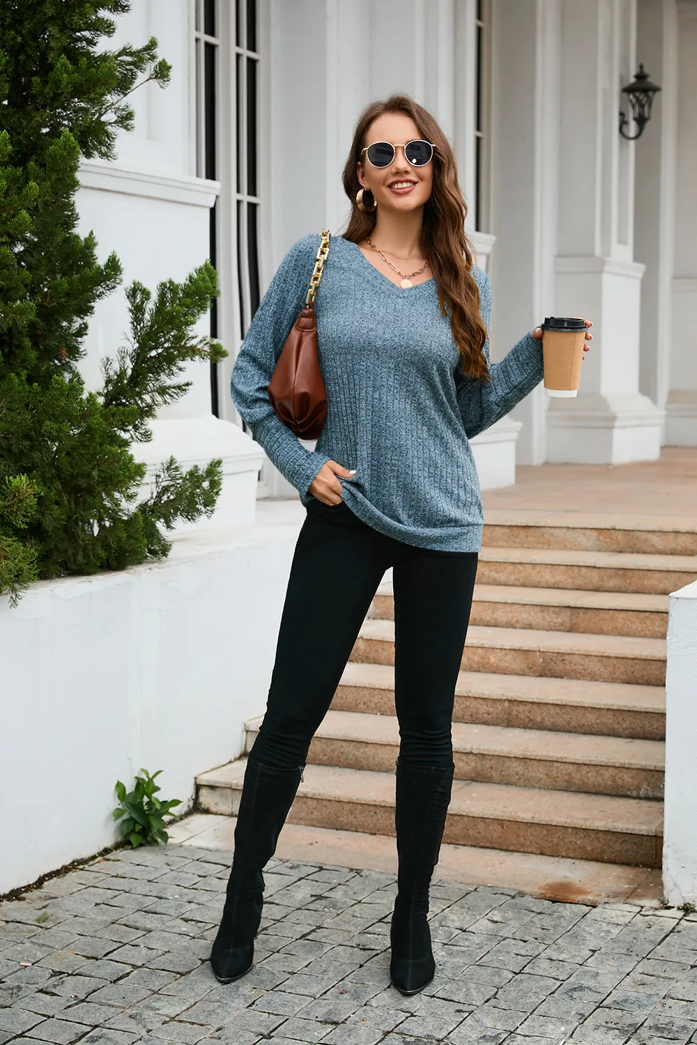 Women's Clothes Long Sleeve T-shirt Brushed V-neck Solid Color Fashion Top Cotton Polyester Fabric Regular Sleeve Fresh Sweet Style display picture 11