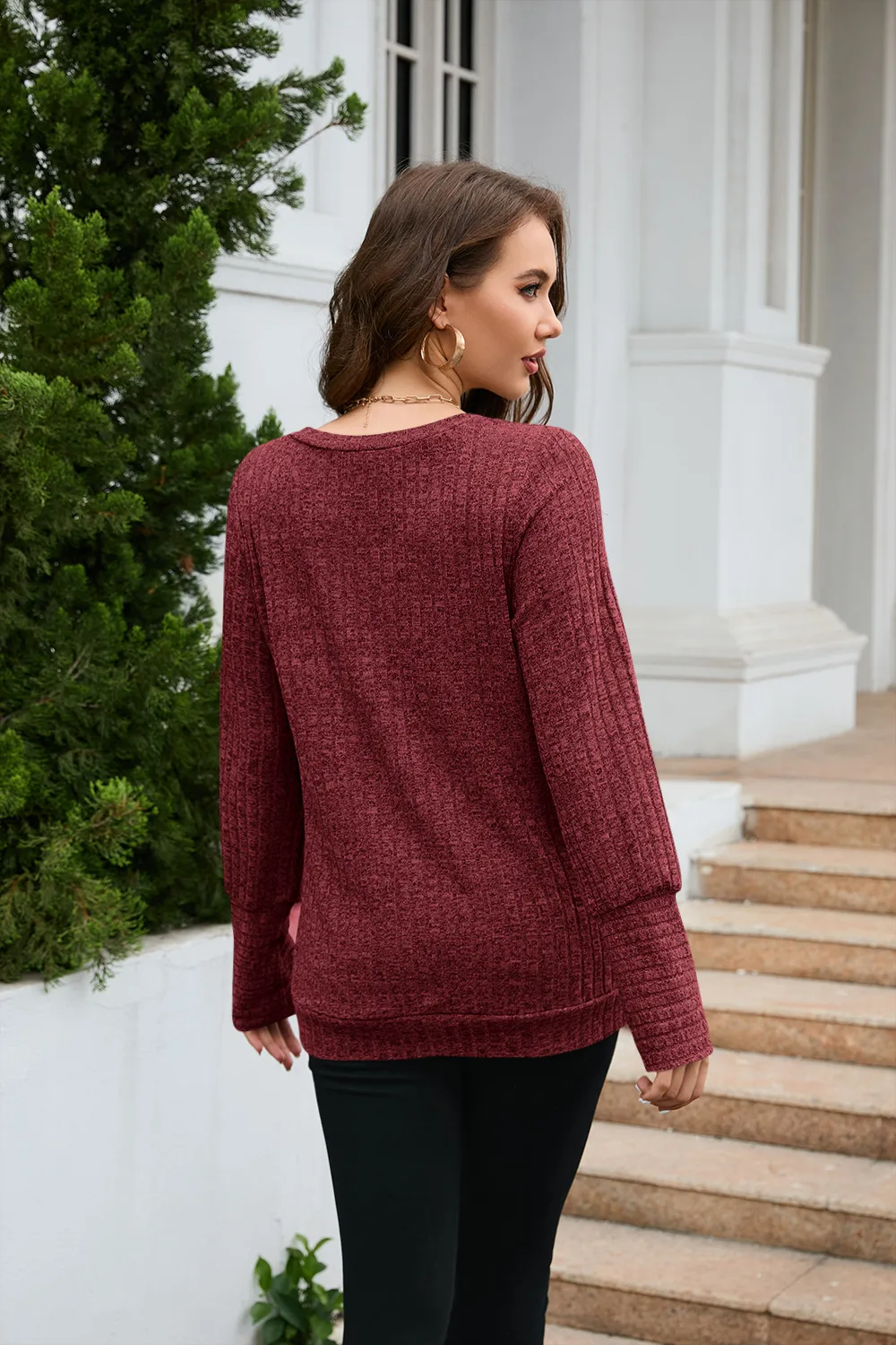 Women's Clothes Long Sleeve T-shirt Brushed V-neck Solid Color Fashion Top Cotton Polyester Fabric Regular Sleeve Fresh Sweet Style display picture 22