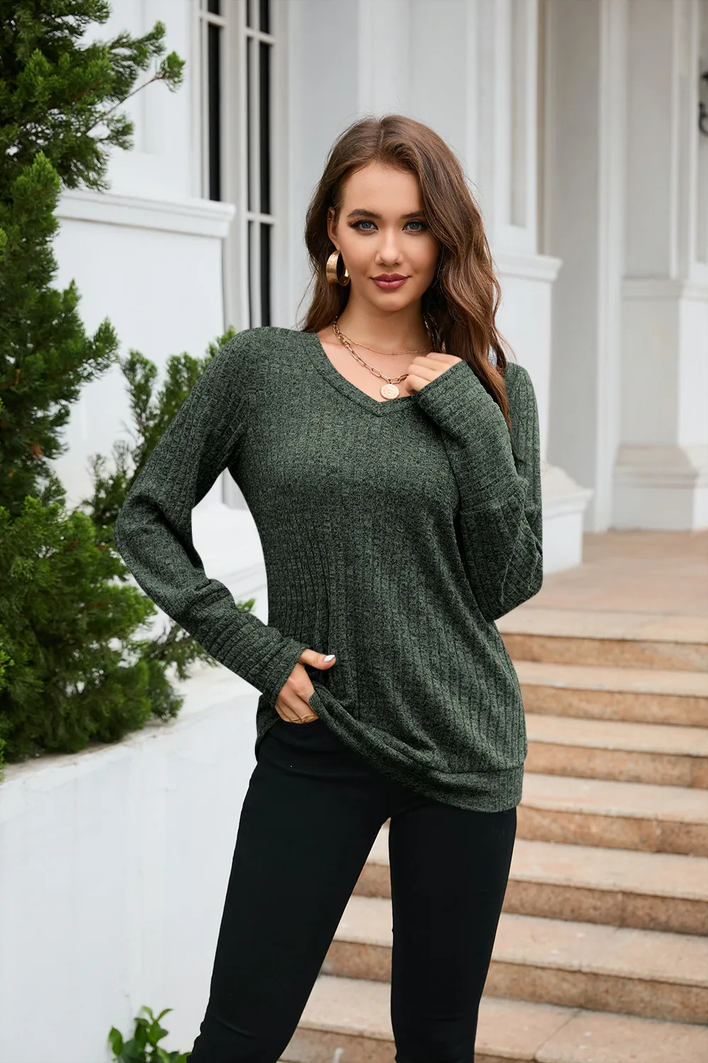 Women's Clothes Long Sleeve T-shirt Brushed V-neck Solid Color Fashion Top Cotton Polyester Fabric Regular Sleeve Fresh Sweet Style display picture 23