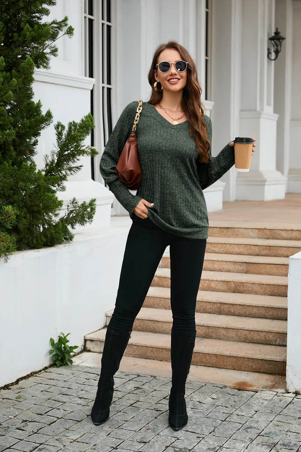 Women's Clothes Long Sleeve T-shirt Brushed V-neck Solid Color Fashion Top Cotton Polyester Fabric Regular Sleeve Fresh Sweet Style display picture 25