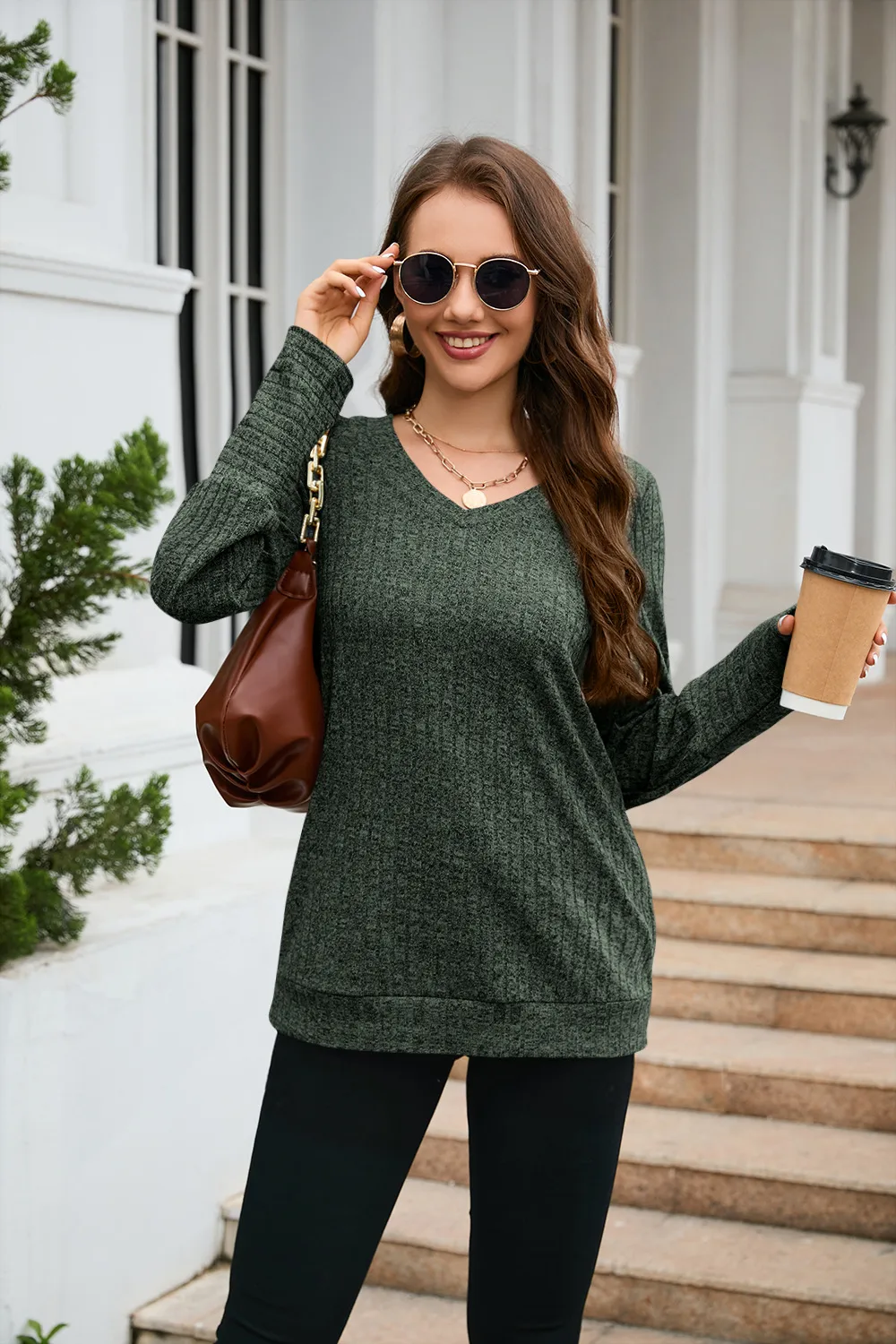 Women's Clothes Long Sleeve T-shirt Brushed V-neck Solid Color Fashion Top Cotton Polyester Fabric Regular Sleeve Fresh Sweet Style display picture 26