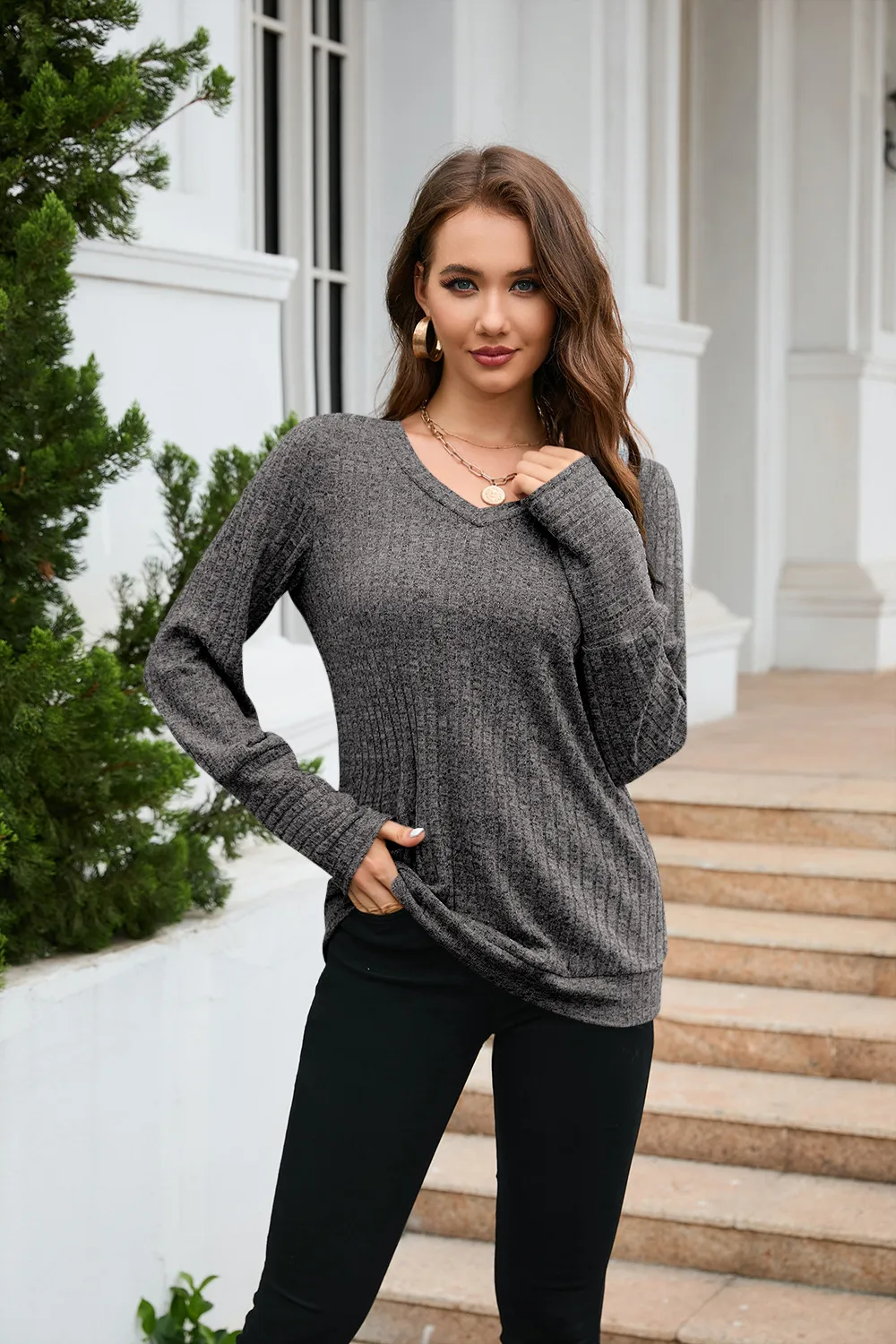 Women's Clothes Long Sleeve T-shirt Brushed V-neck Solid Color Fashion Top Cotton Polyester Fabric Regular Sleeve Fresh Sweet Style display picture 28