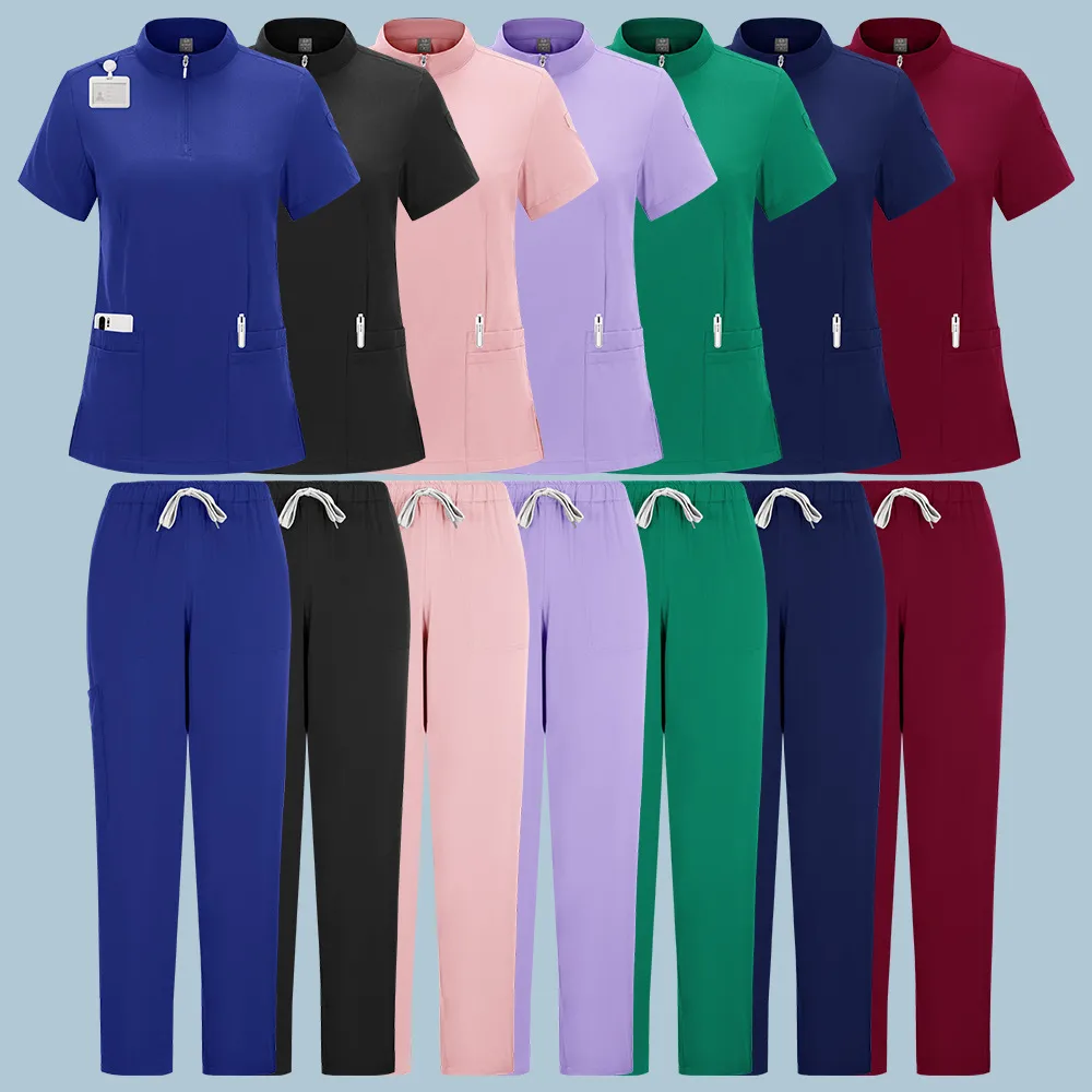 Sterile Operating Room Zipped Stand Collar Lab Coat Hand Washing Suit Straight-Leg Pants Solid Color Doctor Nurse Work Clothes display picture 2
