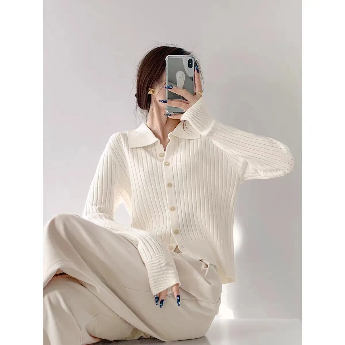 Casual Loose Knitted Solid Color Shirt Collar Sweater Coat For Women Autumn And Winter New Comfortable Lazy Fashion Polyester Nylon Material display picture 8