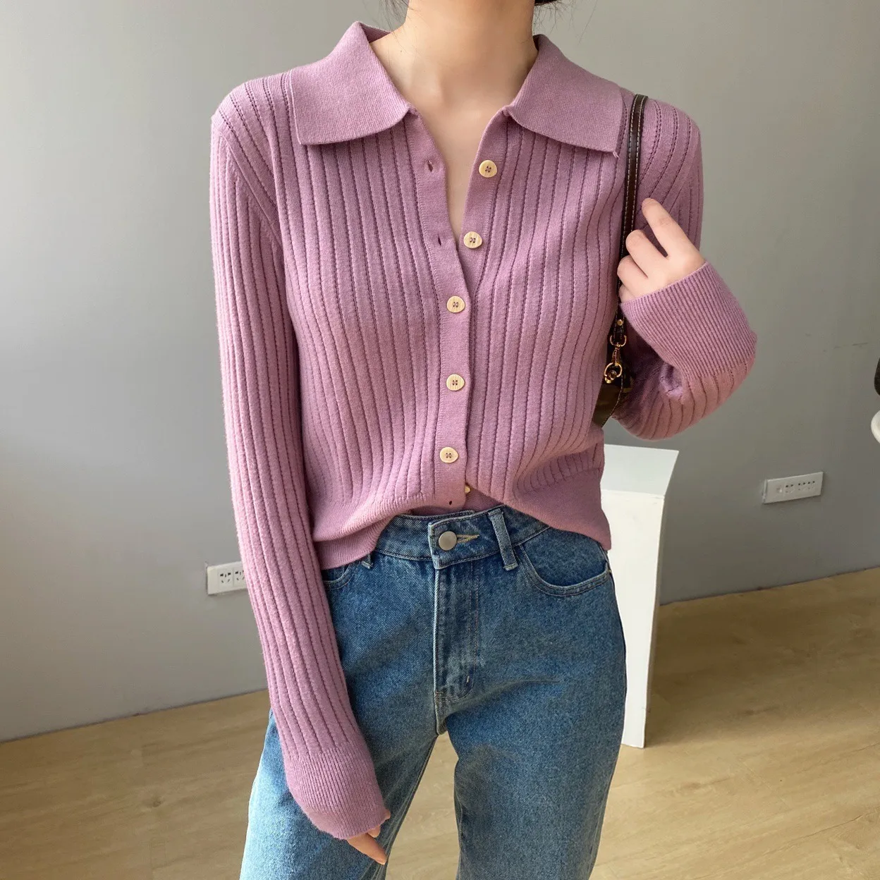 Casual Loose Knitted Solid Color Shirt Collar Sweater Coat For Women Autumn And Winter New Comfortable Lazy Fashion Polyester Nylon Material display picture 1