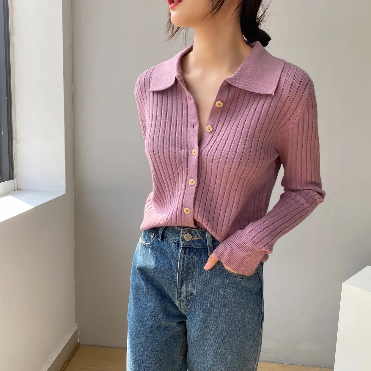 Casual Loose Knitted Solid Color Shirt Collar Sweater Coat For Women Autumn And Winter New Comfortable Lazy Fashion Polyester Nylon Material display picture 2