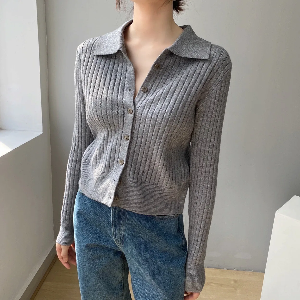 Casual Loose Knitted Solid Color Shirt Collar Sweater Coat For Women Autumn And Winter New Comfortable Lazy Fashion Polyester Nylon Material display picture 4
