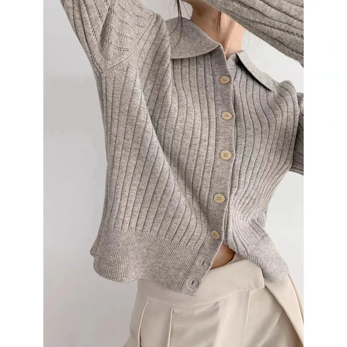 Casual Loose Knitted Solid Color Shirt Collar Sweater Coat For Women Autumn And Winter New Comfortable Lazy Fashion Polyester Nylon Material display picture 5