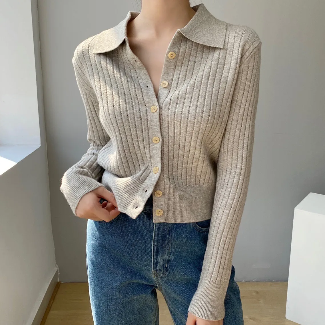 Casual Loose Knitted Solid Color Shirt Collar Sweater Coat For Women Autumn And Winter New Comfortable Lazy Fashion Polyester Nylon Material display picture 6