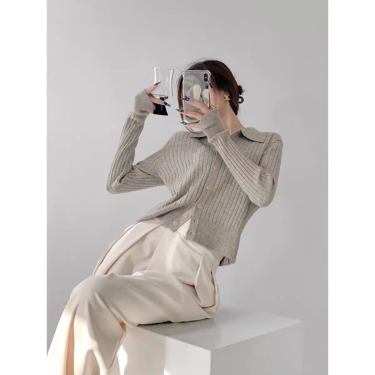 Casual Loose Knitted Solid Color Shirt Collar Sweater Coat For Women Autumn And Winter New Comfortable Lazy Fashion Polyester Nylon Material display picture 7
