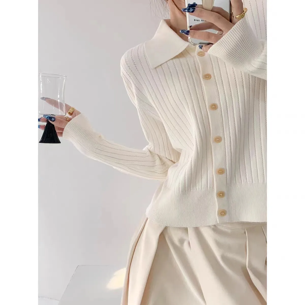 Casual Loose Knitted Solid Color Shirt Collar Sweater Coat For Women Autumn And Winter New Comfortable Lazy Fashion Polyester Nylon Material display picture 9