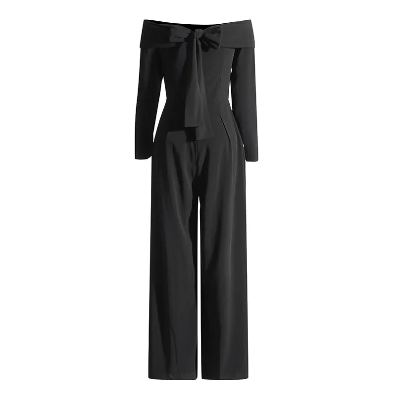 Elegant Style Wide Leg Jumpsuit Casual Pants Back Splice Butterfly Knot Solid Color Long Sleeve Fashionable Commute Suit display picture 4