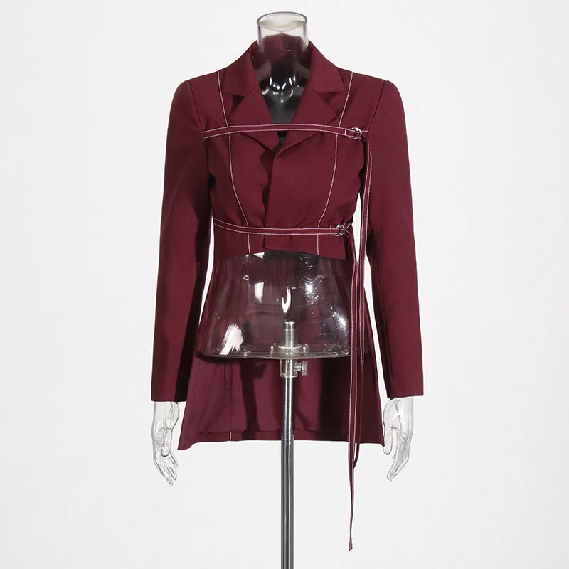 Elegant Angora Red Two-Piece Set High Waist Belted Pants Asymmetric Hem Long Sleeve Fashion Casual Women's Suit display picture 3