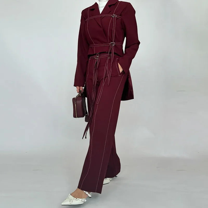 Elegant Angora Red Two-Piece Set High Waist Belted Pants Asymmetric Hem Long Sleeve Fashion Casual Women's Suit display picture 2