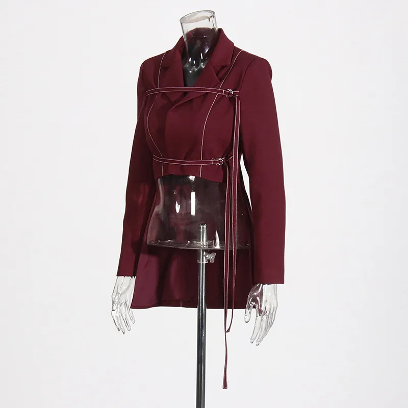 Elegant Angora Red Two-Piece Set High Waist Belted Pants Asymmetric Hem Long Sleeve Fashion Casual Women's Suit display picture 4