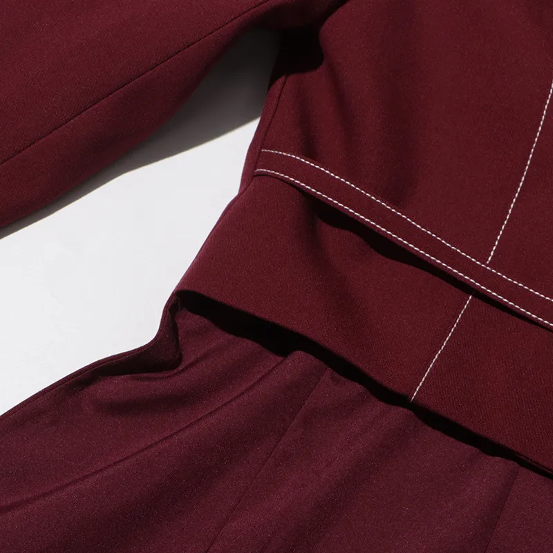 Elegant Angora Red Two-Piece Set High Waist Belted Pants Asymmetric Hem Long Sleeve Fashion Casual Women's Suit display picture 32