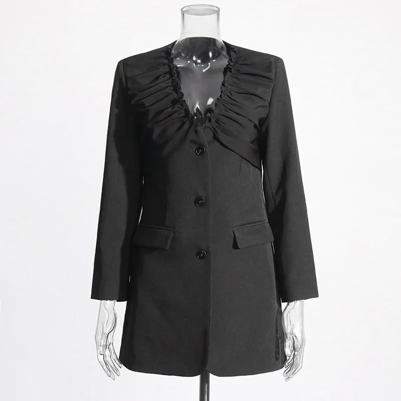 Elegant Black European Style Women's Suit Jacket Thin Pleated Design Cotton Polyester Blend Long Sleeve V-neck Commute Fashion display picture 3