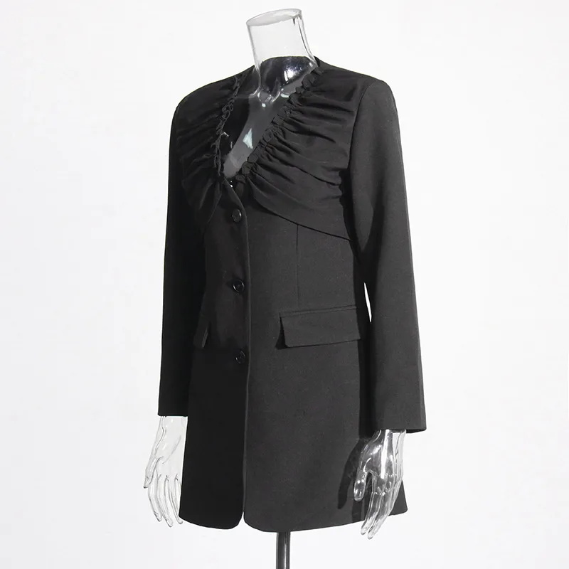 Elegant Black European Style Women's Suit Jacket Thin Pleated Design Cotton Polyester Blend Long Sleeve V-neck Commute Fashion display picture 4