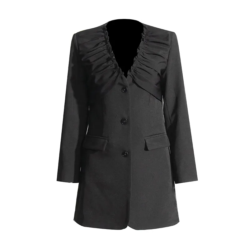 Elegant Black European Style Women's Suit Jacket Thin Pleated Design Cotton Polyester Blend Long Sleeve V-neck Commute Fashion display picture 6