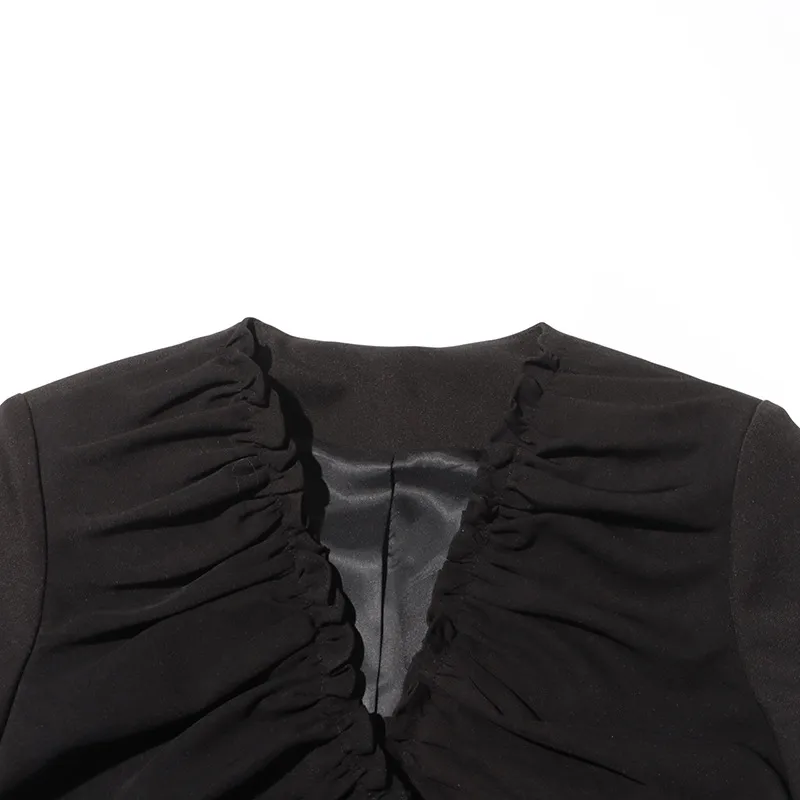 Elegant Black European Style Women's Suit Jacket Thin Pleated Design Cotton Polyester Blend Long Sleeve V-neck Commute Fashion display picture 8