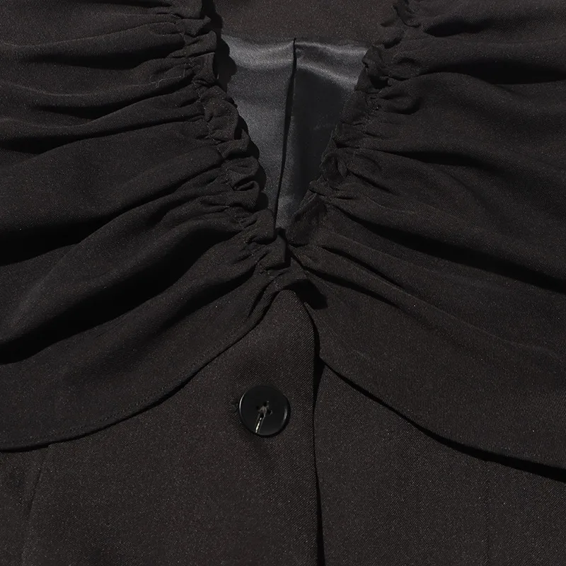 Elegant Black European Style Women's Suit Jacket Thin Pleated Design Cotton Polyester Blend Long Sleeve V-neck Commute Fashion display picture 11