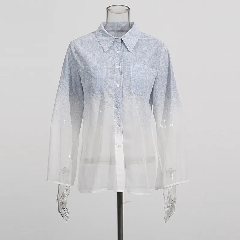 Fashionable Casual Gradient Denim Shirt High Waist Bell Bottom Pants Set Elegant Long Sleeve Women's Two Piece Set display picture 3