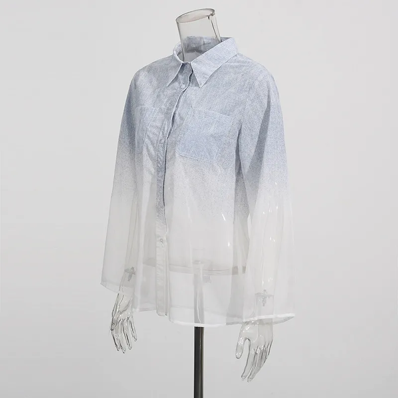 Fashionable Casual Gradient Denim Shirt High Waist Bell Bottom Pants Set Elegant Long Sleeve Women's Two Piece Set display picture 4
