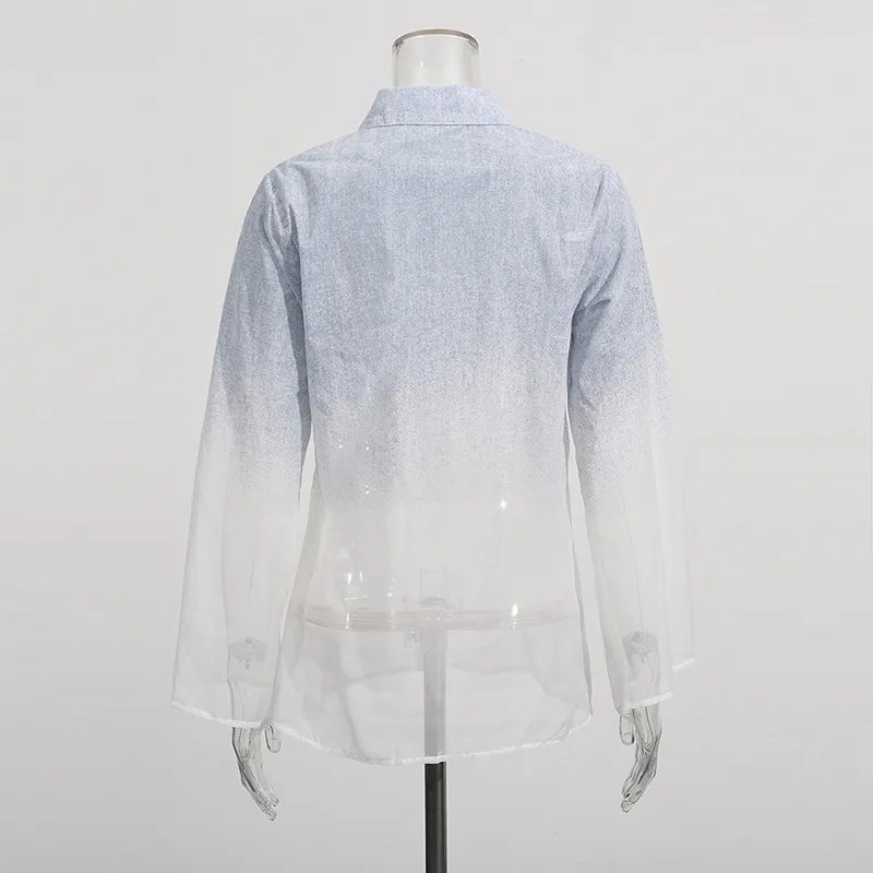 Fashionable Casual Gradient Denim Shirt High Waist Bell Bottom Pants Set Elegant Long Sleeve Women's Two Piece Set display picture 5