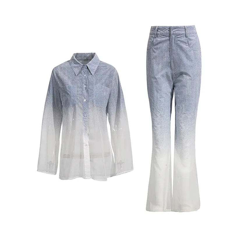 Fashionable Casual Gradient Denim Shirt High Waist Bell Bottom Pants Set Elegant Long Sleeve Women's Two Piece Set display picture 9