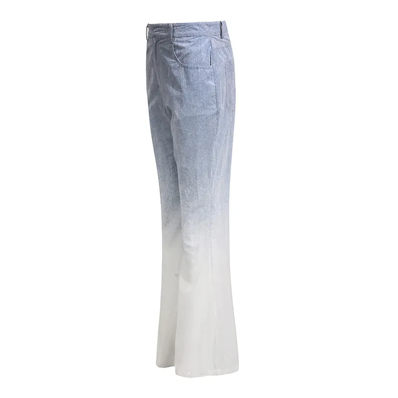 Fashionable Casual Gradient Denim Shirt High Waist Bell Bottom Pants Set Elegant Long Sleeve Women's Two Piece Set display picture 7