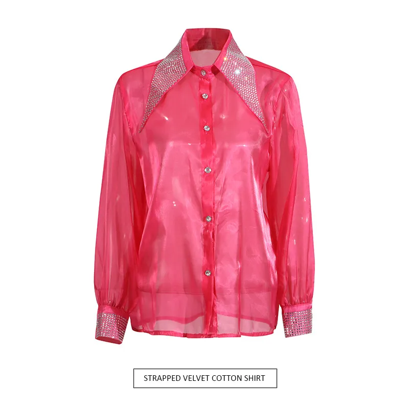 Casual Loose Mesh Shirt Women's Style Solid Color Pointed Collar Diamond Embellished See-through Design Long Sleeve Mid-length Top display picture 2