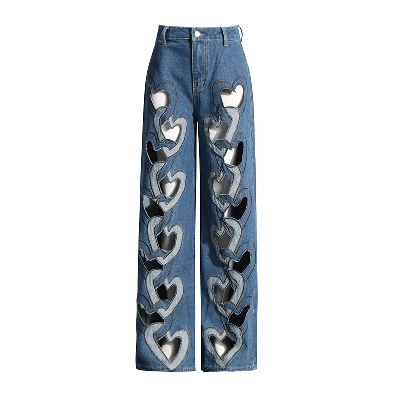 Fashionable High-Waist Hollow Heart-Shaped Women's Jeans Trendy Hollow Out Straight Leg Long Pants Comfortable Stretch Denim display picture 3