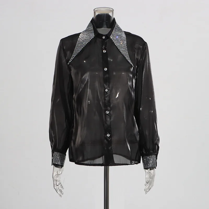 Casual Loose Mesh Shirt Women's Style Solid Color Pointed Collar Diamond Embellished See-through Design Long Sleeve Mid-length Top display picture 6