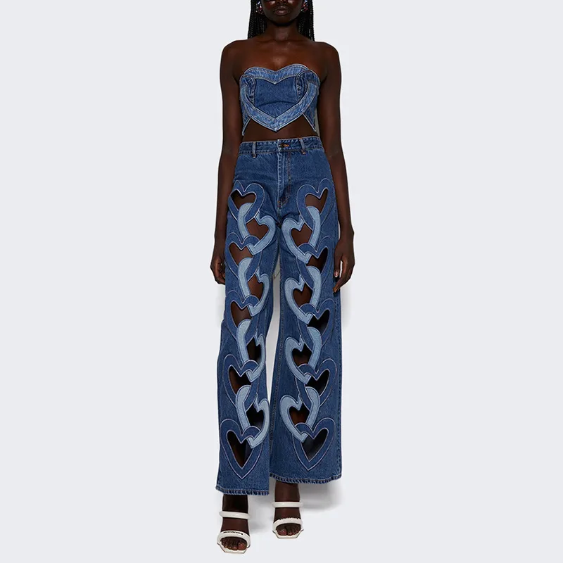 Fashionable High-Waist Hollow Heart-Shaped Women's Jeans Trendy Hollow Out Straight Leg Long Pants Comfortable Stretch Denim display picture 2