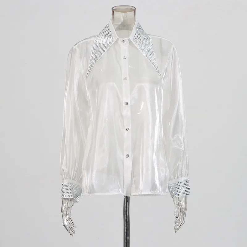 Casual Loose Mesh Shirt Women's Style Solid Color Pointed Collar Diamond Embellished See-through Design Long Sleeve Mid-length Top display picture 8