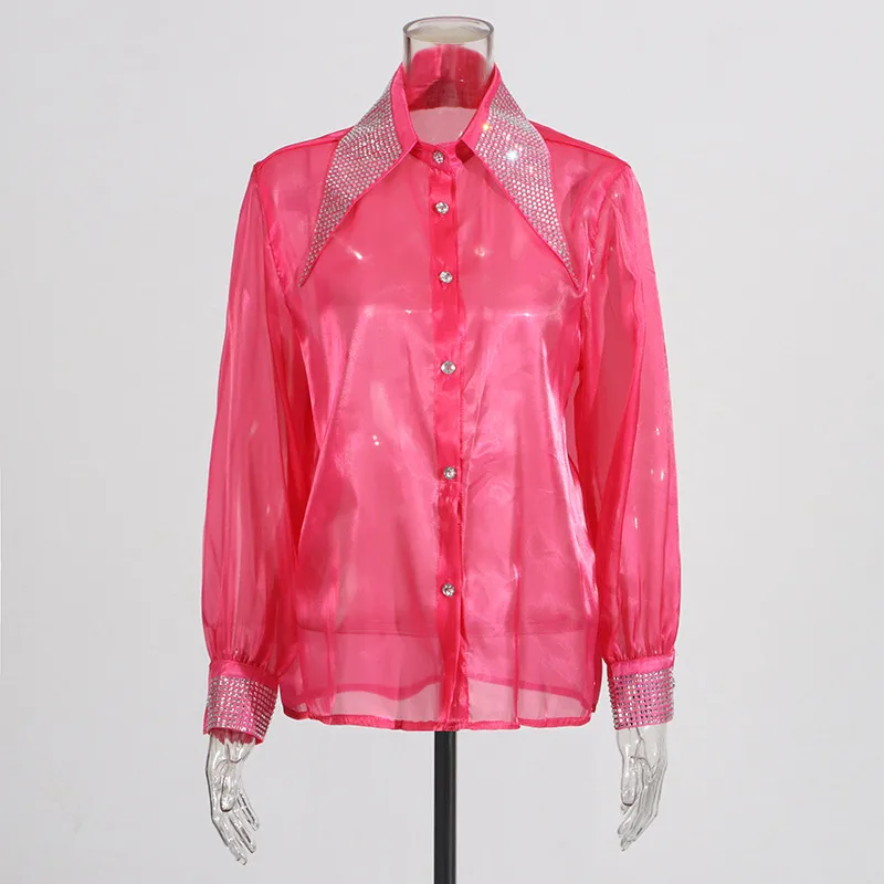 Casual Loose Mesh Shirt Women's Style Solid Color Pointed Collar Diamond Embellished See-through Design Long Sleeve Mid-length Top display picture 3