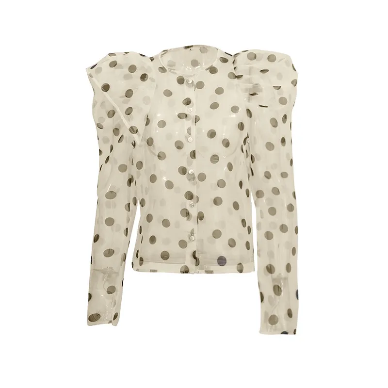 Women's Casual Fashionable Shirt Round Neck Long Sleeve Breathable Mesh Top Single Button Round Dot Pattern Comfortable Shirt display picture 8