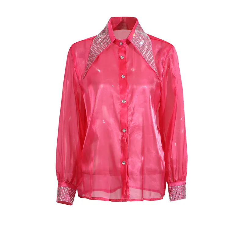 Casual Loose Mesh Shirt Women's Style Solid Color Pointed Collar Diamond Embellished See-through Design Long Sleeve Mid-length Top display picture 10