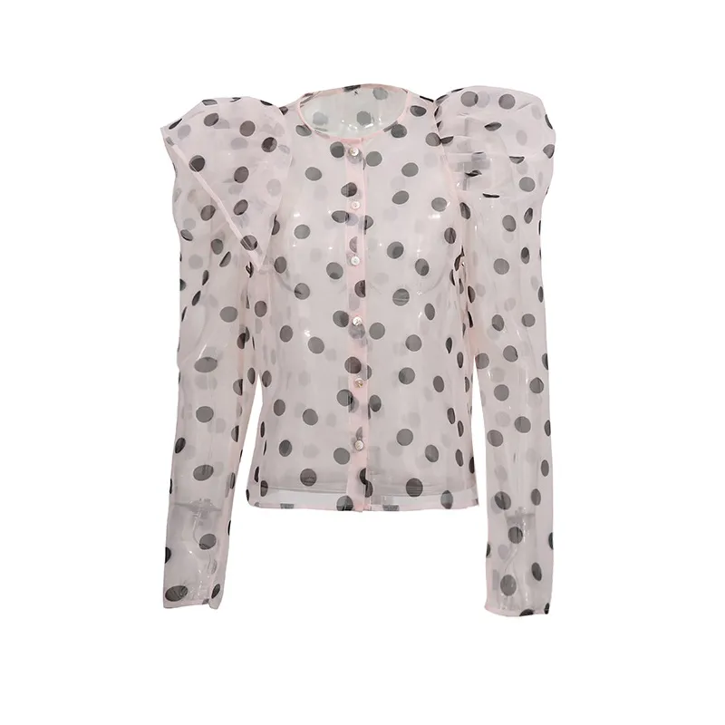 Women's Casual Fashionable Shirt Round Neck Long Sleeve Breathable Mesh Top Single Button Round Dot Pattern Comfortable Shirt display picture 6