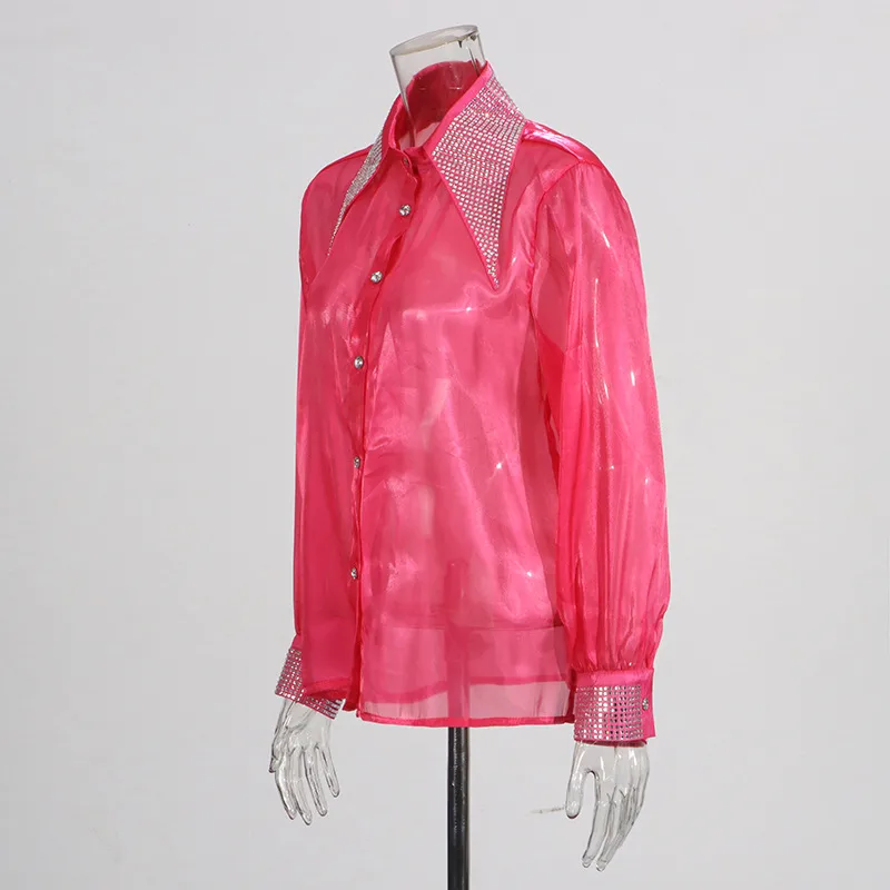 Casual Loose Mesh Shirt Women's Style Solid Color Pointed Collar Diamond Embellished See-through Design Long Sleeve Mid-length Top display picture 4