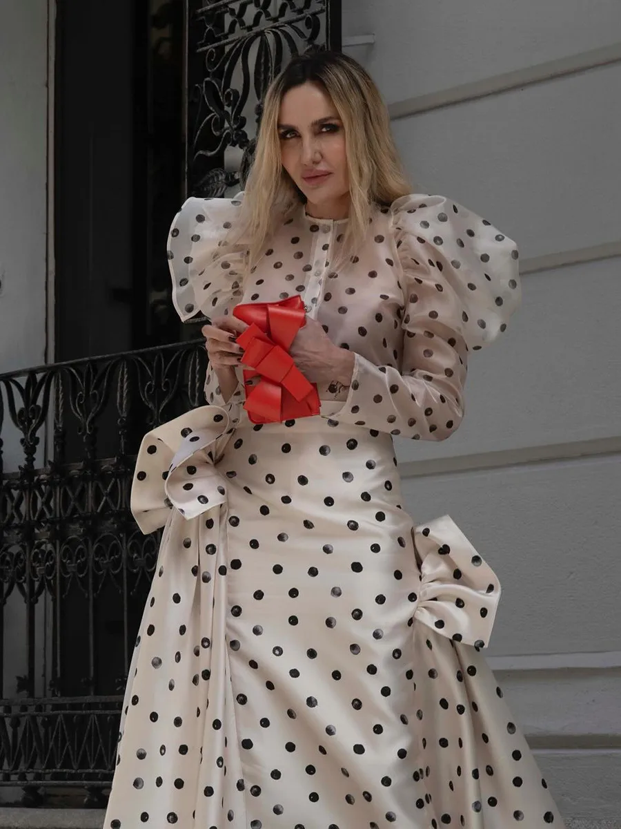Women's Casual Fashionable Shirt Round Neck Long Sleeve Breathable Mesh Top Single Button Round Dot Pattern Comfortable Shirt display picture 2