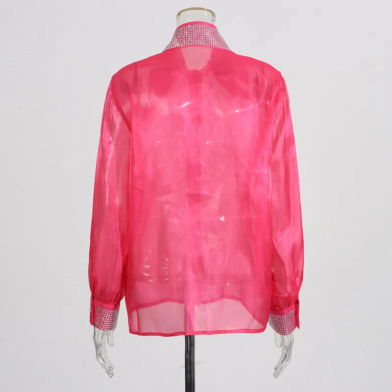 Casual Loose Mesh Shirt Women's Style Solid Color Pointed Collar Diamond Embellished See-through Design Long Sleeve Mid-length Top display picture 5