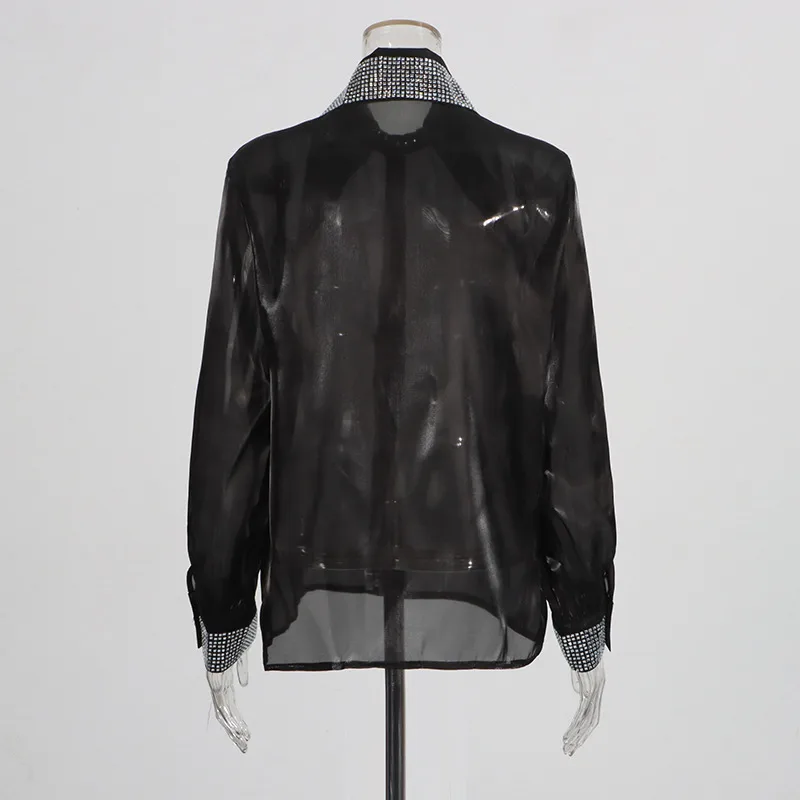 Casual Loose Mesh Shirt Women's Style Solid Color Pointed Collar Diamond Embellished See-through Design Long Sleeve Mid-length Top display picture 7